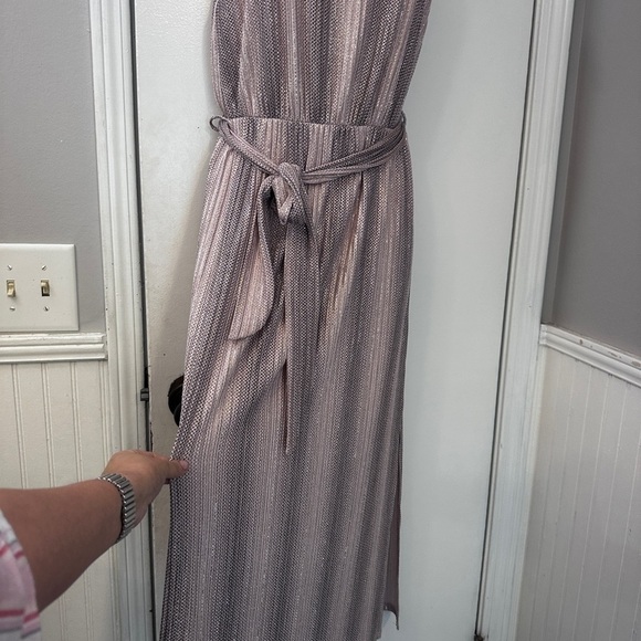 All in Favor Women’s Small Pink Rose Gold Metallic Ribbed Maxi Dress Belted - Picture 8 of 12
